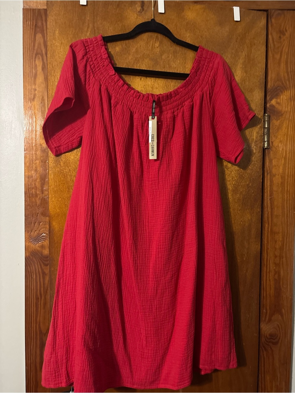 Coco + Carmen Short Sleeve Red Smocked Neck knee length Dress